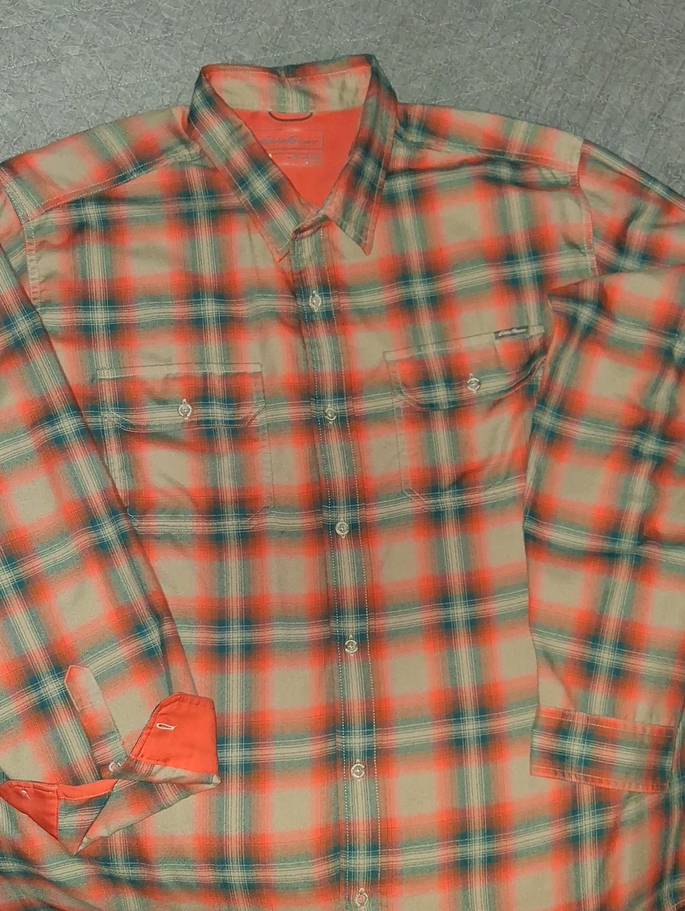 Men's Eddie Bauer Orange and Teal Plaid Button-Up Long Sleeved Shirt